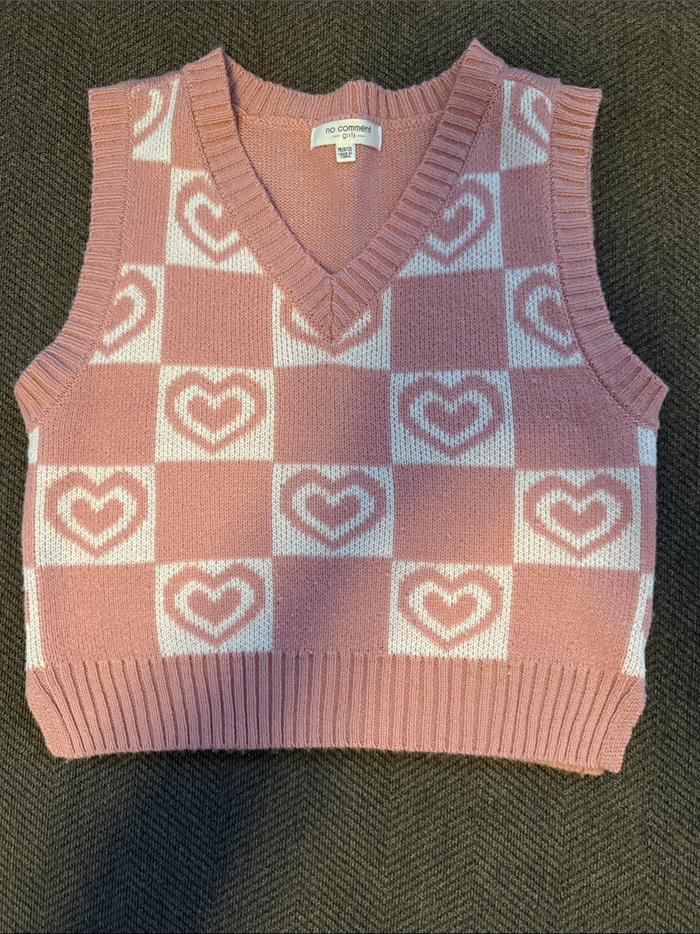 No Comment Paris Pink Heart Checker V-Neck Sweater Vest